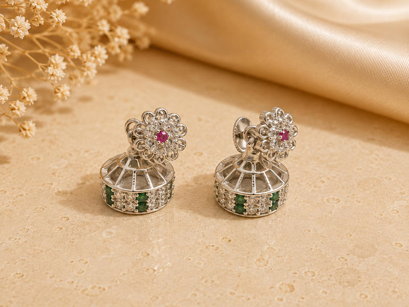 Silver Ruby Flower & Green CZ Jhumkas