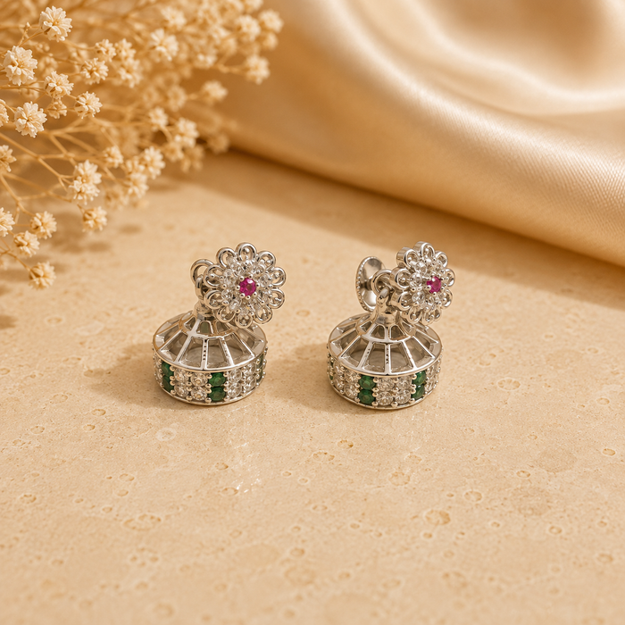 Silver Ruby Flower & Green CZ Jhumkas