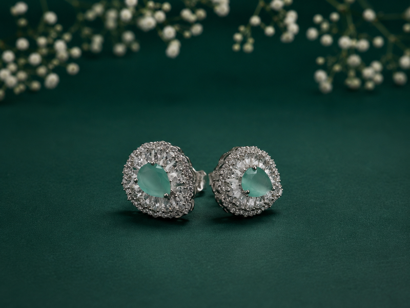 Silver Mint Oval Pave Halo Studs