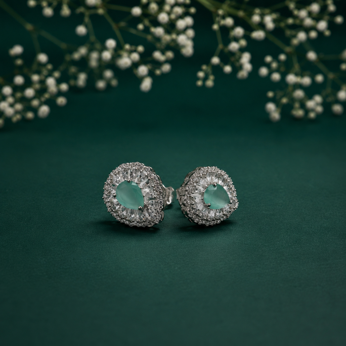 Silver Mint Oval Pave Halo Studs