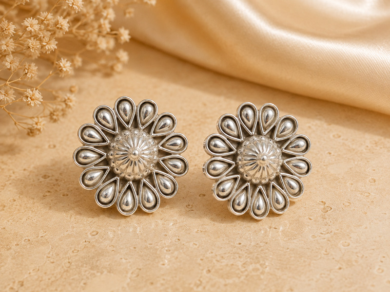 Silver Antique Petal Flower Statement Studs