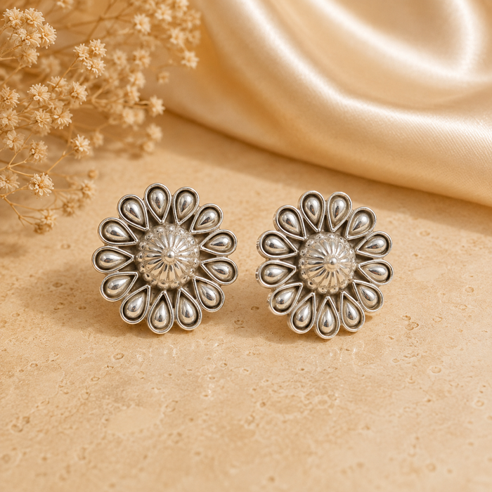 Silver Antique Petal Flower Statement Studs