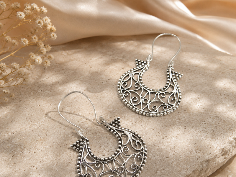 Oxidised Silver Filigree Chandbali Earrings