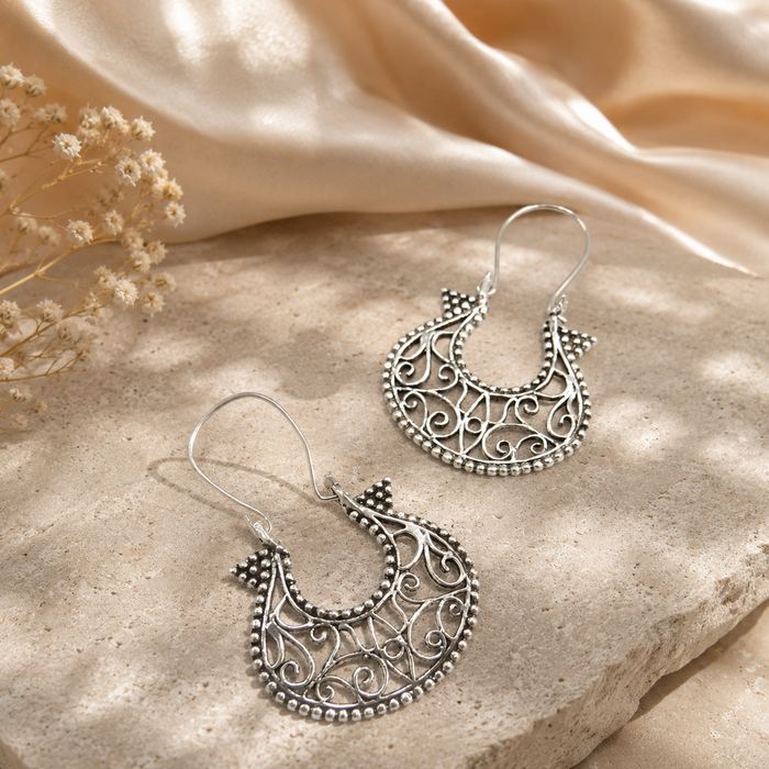 Oxidised Silver Filigree Chandbali Earrings