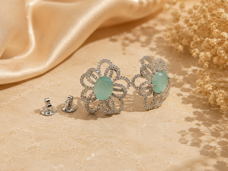 Silver Mint Oval Floral Openwork Studs