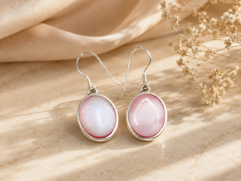 Silver Pink Shell Oval Drop Earrings