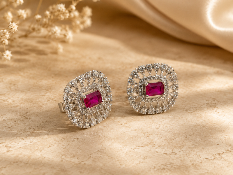 Silver Ruby Cushion CZ Halo Studs