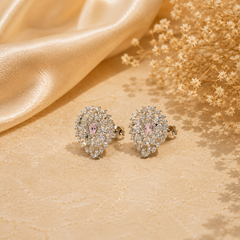 Silver Pink Floral Pave Statement Studs