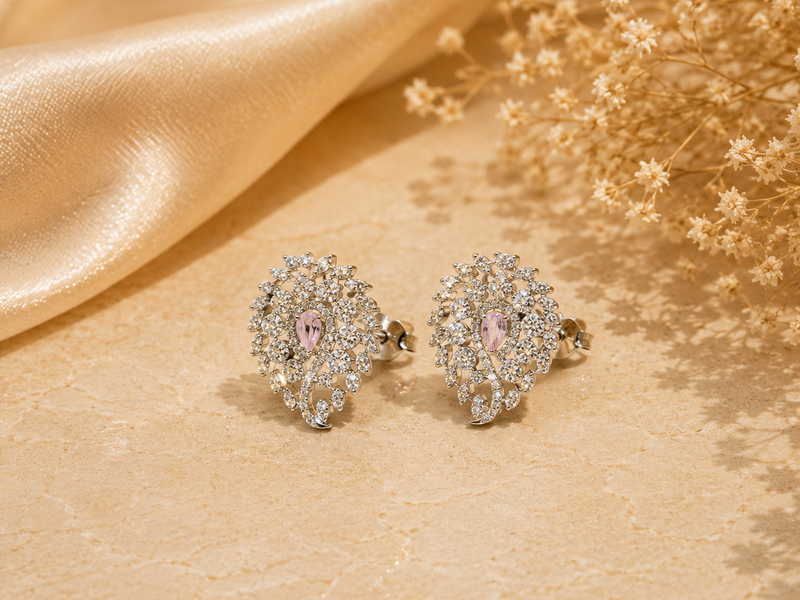 Silver Pink Floral Pave Statement Studs