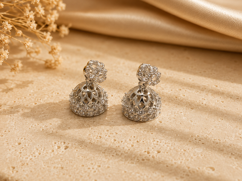 Silver Pave CZ Filigree Jhumkas