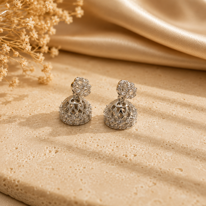 Silver Pave CZ Filigree Jhumkas