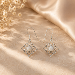Silver Pearl Centre Filigree Square Drops