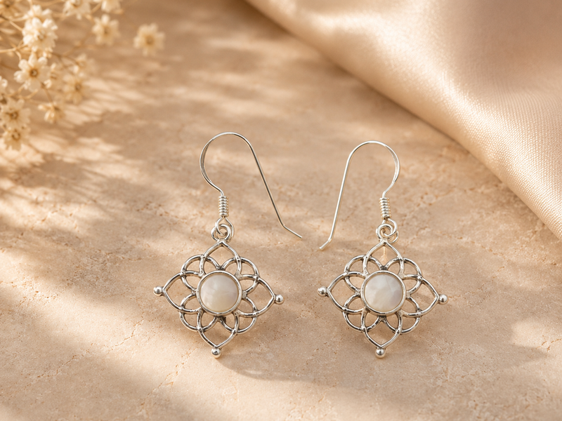 Silver Pearl Centre Filigree Square Drops