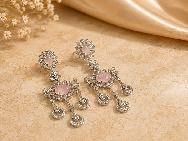 Silver Pink Stone Floral Chandelier Drops