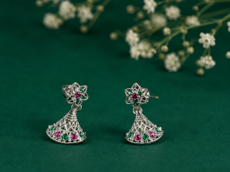 Silver Ruby & Emerald Flared Fan Studs