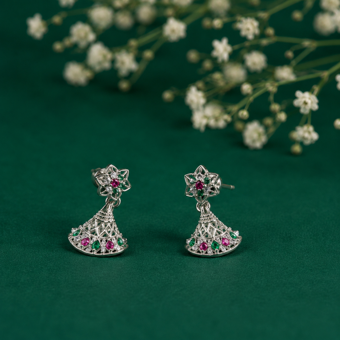 Silver Ruby & Emerald Flared Fan Studs