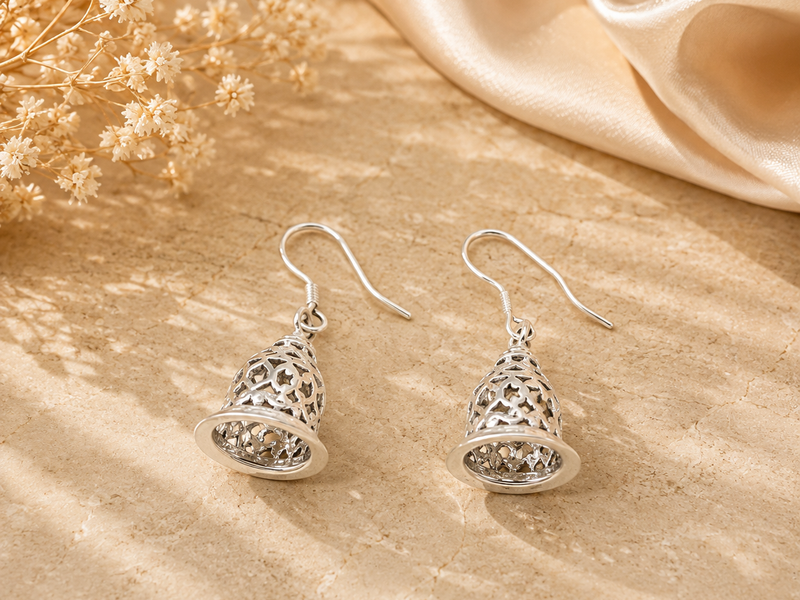 Silver Filigree Bell Jhumka Hook Earrings