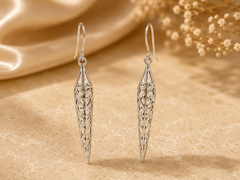 Silver Filigree Spike Drop Earrings