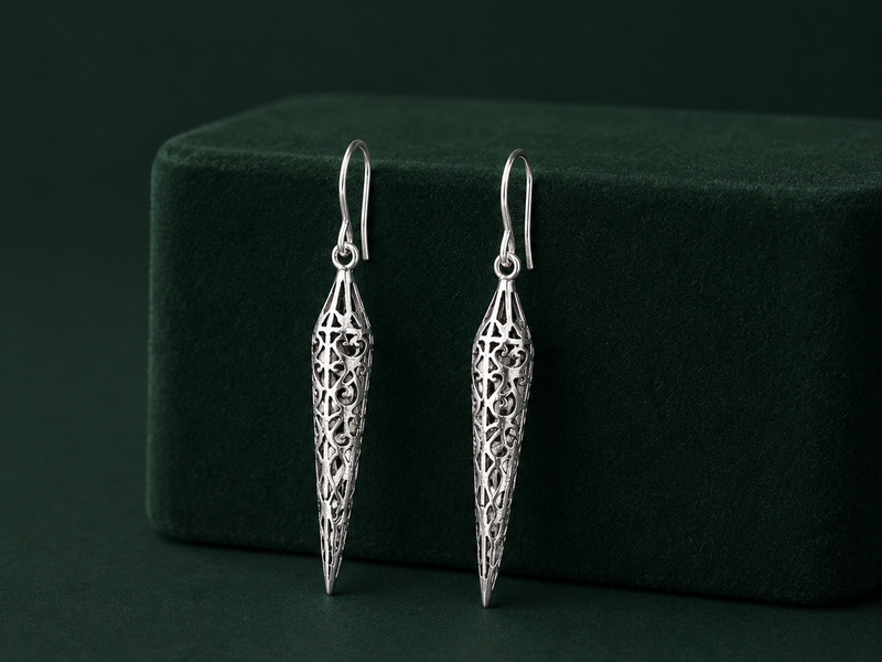 Silver Filigree Spike Drop Earrings – view 2