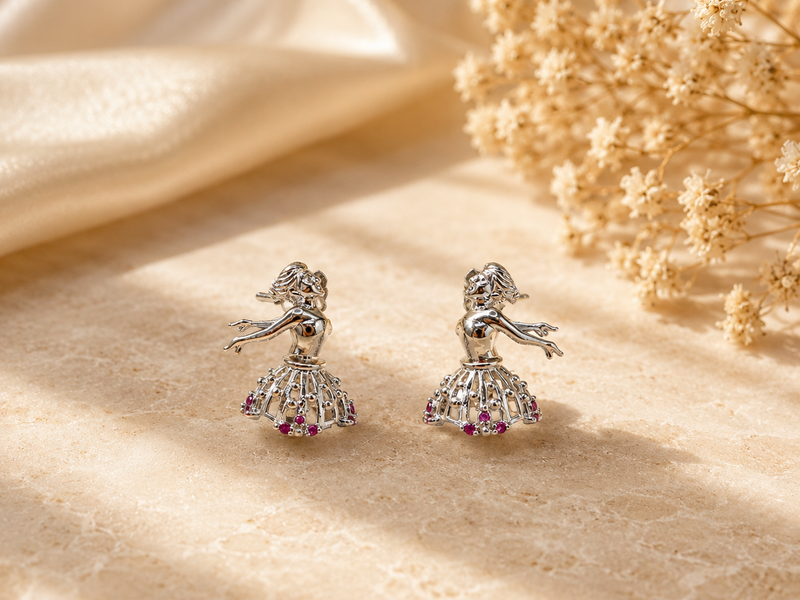 Silver Dancing Ballerina Ruby Accent Studs