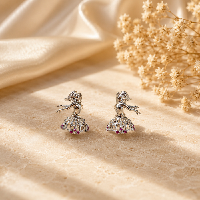 Silver Dancing Ballerina Ruby Accent Studs