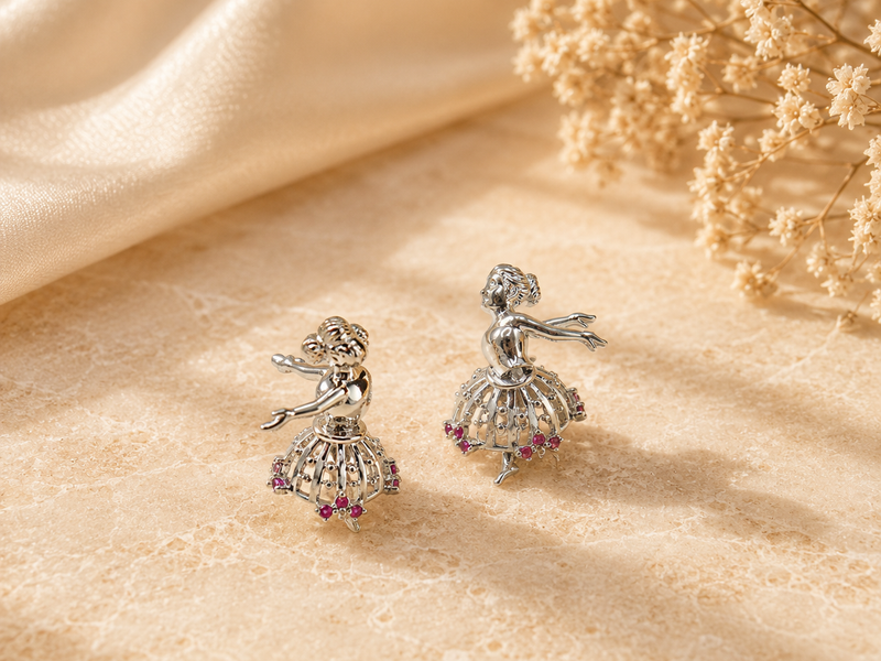 Silver Dancing Ballerina Ruby Accent Studs – view 2