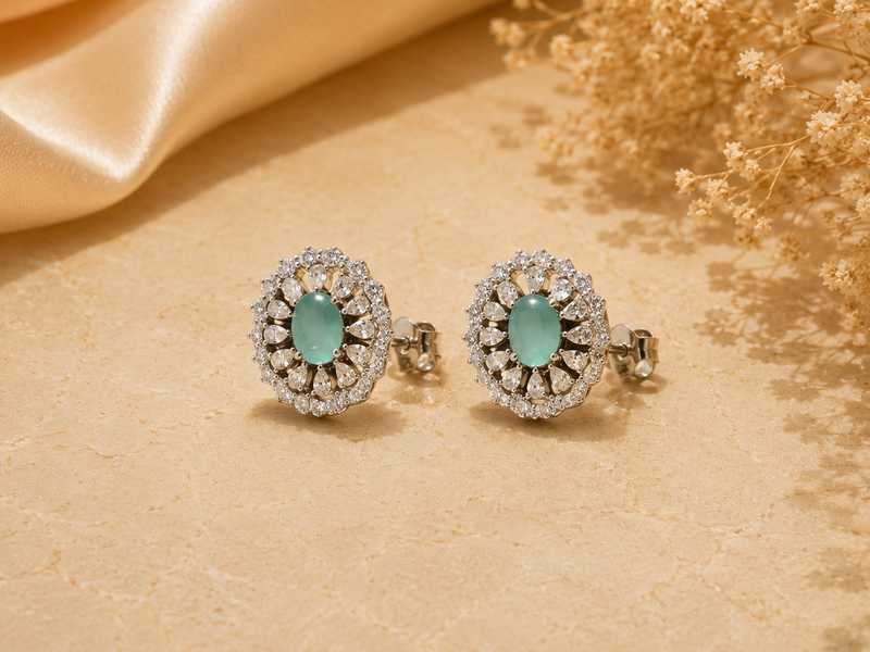 Silver Mint Oval Sunburst Halo Studs