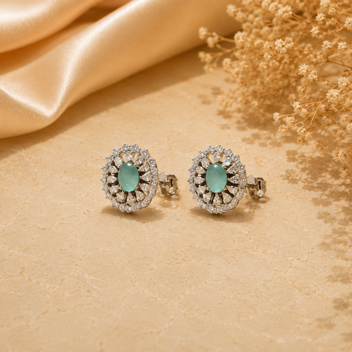 Silver Mint Oval Sunburst Halo Studs