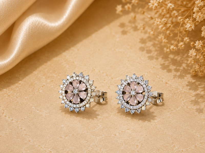 Silver Pink Floral Sunburst Halo Studs