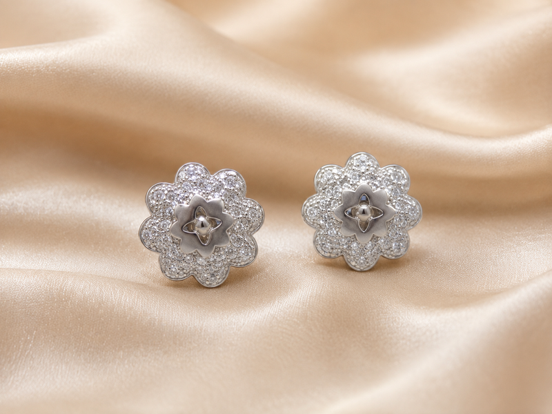 Silver Pave Flower Oxidised Centre Studs