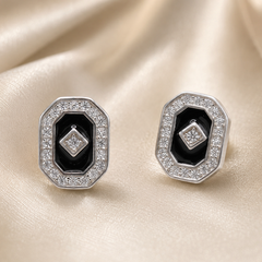 Silver Black Enamel Octagon CZ Studs