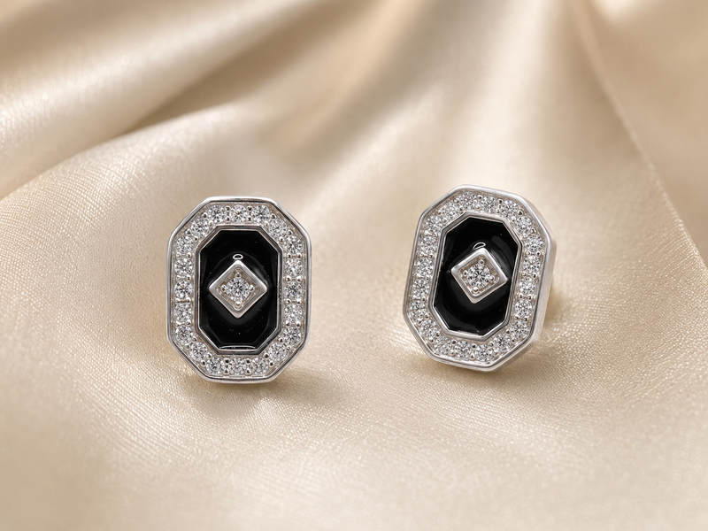 Silver Black Enamel Octagon CZ Studs