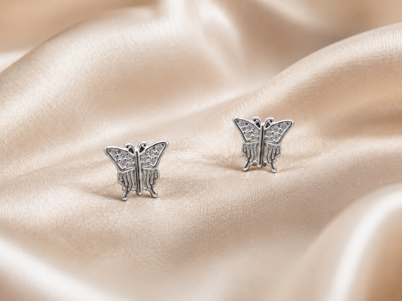 Silver Pave Butterfly Studs
