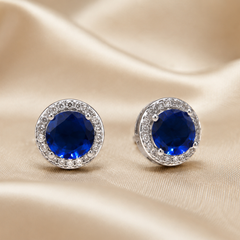 Silver Blue Round CZ Halo Studs
