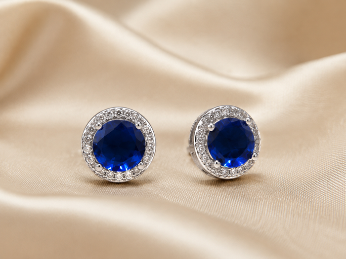 Silver Blue Round CZ Halo Studs