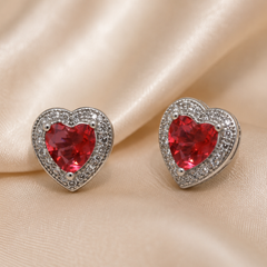 Silver Red Heart CZ Halo Studs