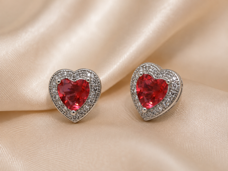 Silver Red Heart CZ Halo Studs
