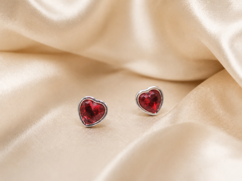 Silver Red Heart Bezel Studs