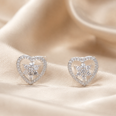Silver Open Heart Floral Pave Studs