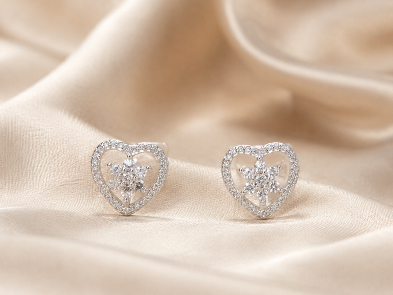 Silver Open Heart Floral Pave Studs