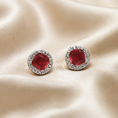 Silver Ruby Round CZ Halo Studs