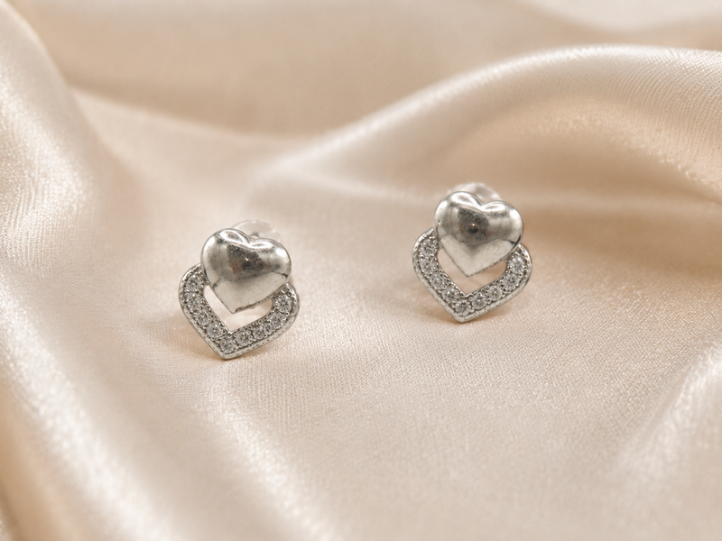 Silver Puffed Heart Pave Frame Studs