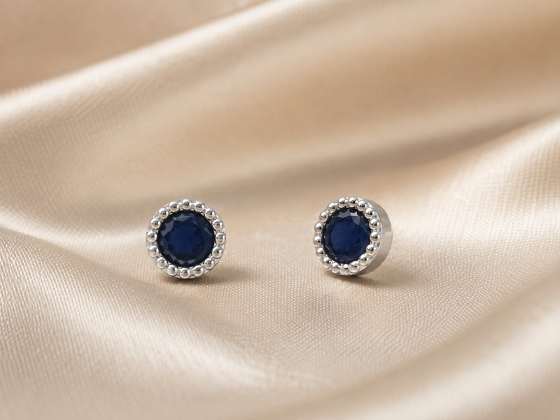 Silver Blue Round Bezel Milgrain Studs