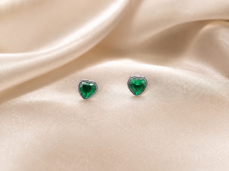 Silver Green Heart Bezel Studs