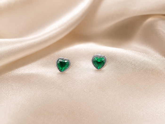 Silver Green Heart Bezel Studs