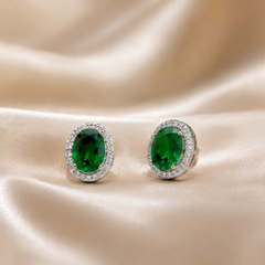 Silver Emerald Oval CZ Halo Studs