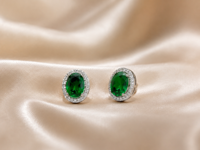Silver Emerald Oval CZ Halo Studs