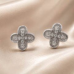 Silver Pave Four-Petal Clover Studs