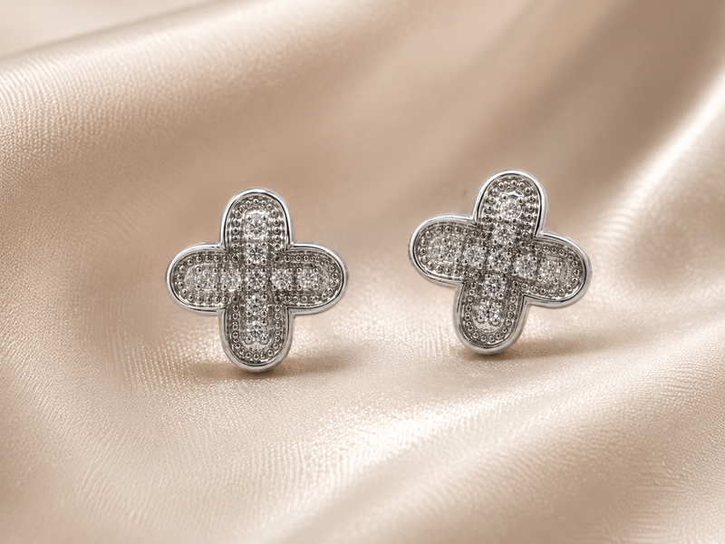 Silver Pave Four-Petal Clover Studs
