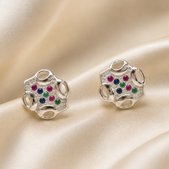 Silver Multicolour Stone Floral Cutwork Studs
